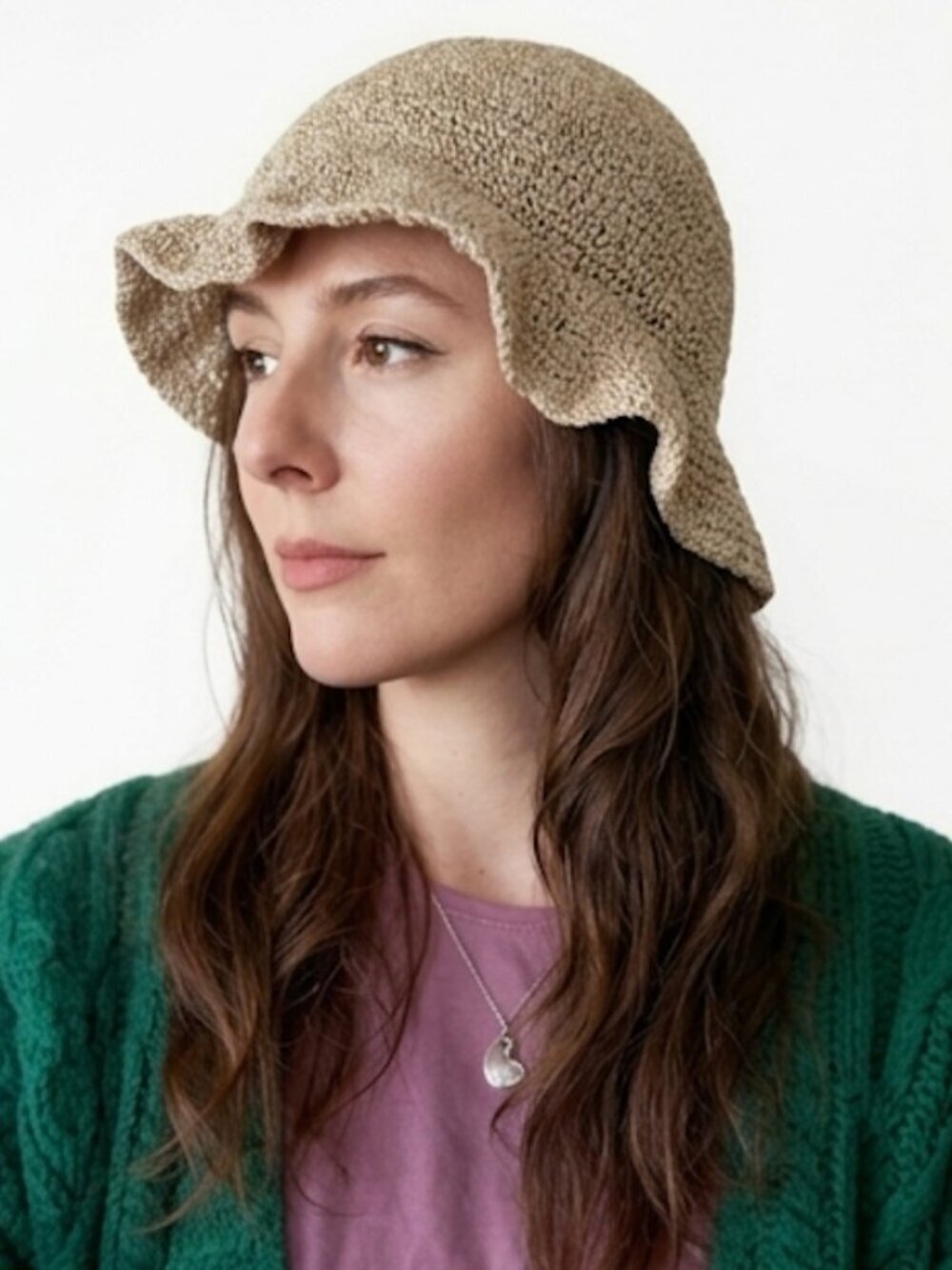 Beige Hemp Cotton Knit Ruffle Bucket Hat Summer Beach Garden